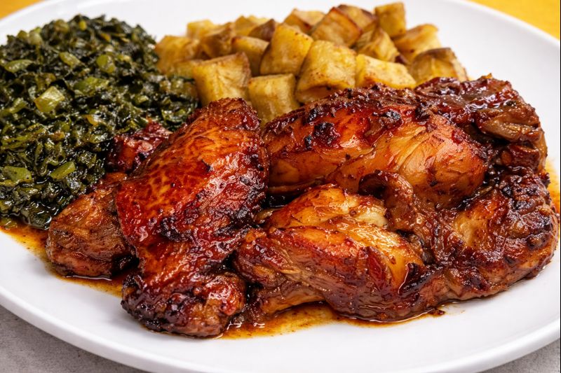 Honey jerk chicken served with callaloo and oven-baked potato cubes
