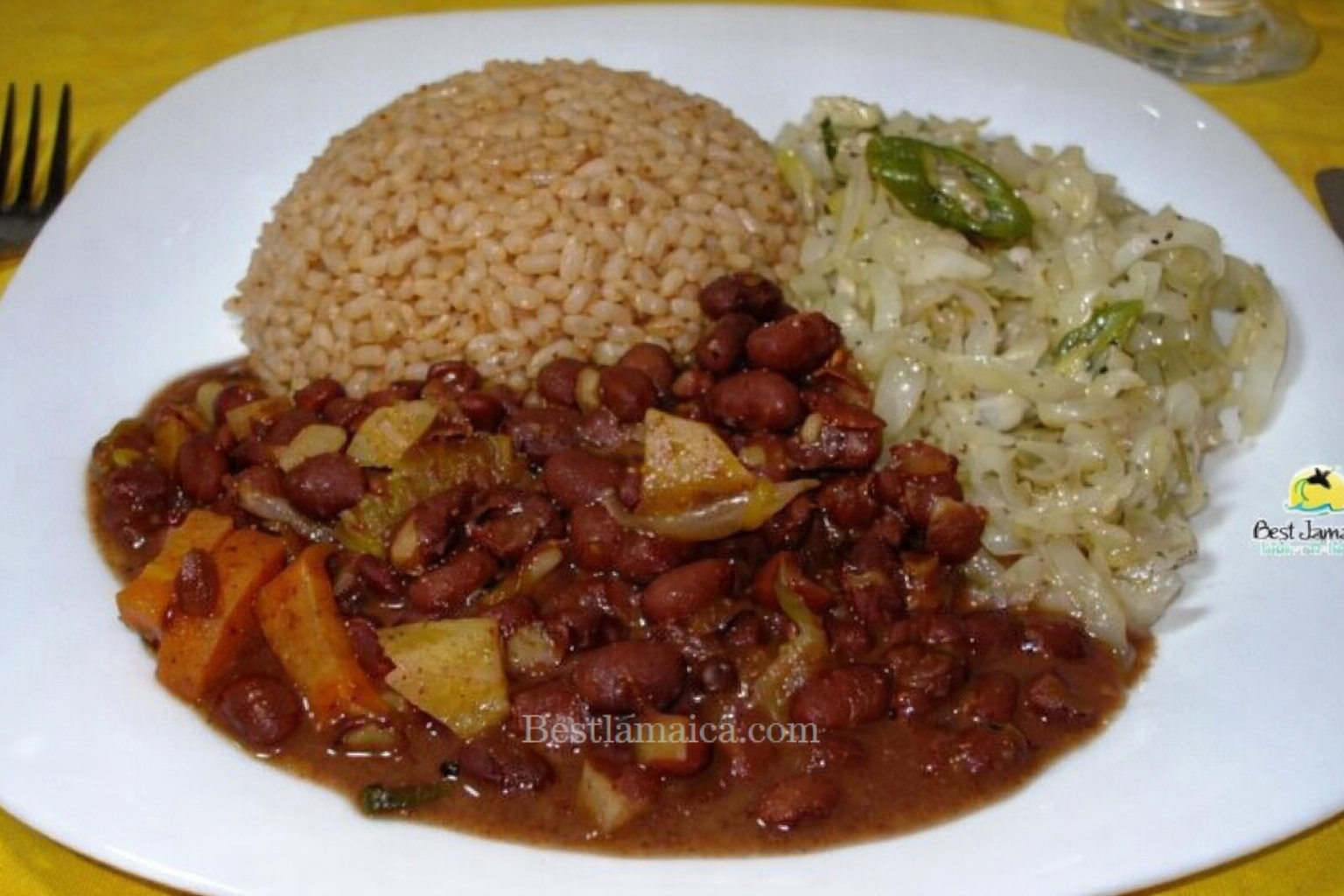 Jamaican Ital food plate with brown rice and vegetables